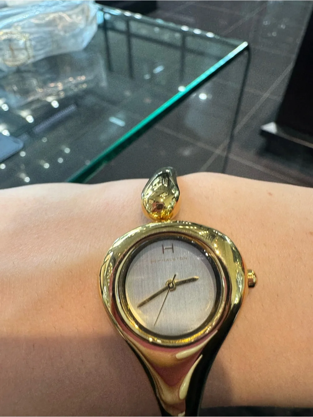 New H by Halston Sculpted Hinged Bangle Watch in Gold-Tone